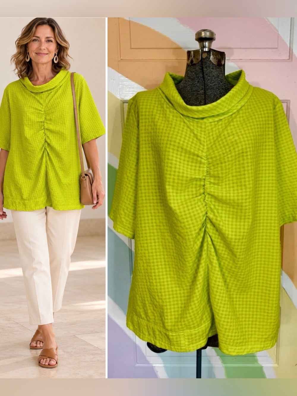 Kozan Lime Green Textured Check Cowl Neck Ruched Tunic Top XL🧡🍄
